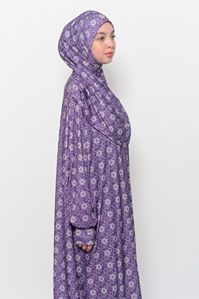 Altobeh Πρακτικό μονοκόμματο φόρεμα προσευχής με μοτίβο ήλιου με μανίκια με μαντίλα Lycra Hijab 990-0302