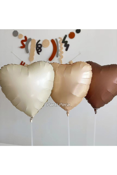 parti pera Retro Bej Satin Kahve Kalp Folyo Balon 3'lü Set