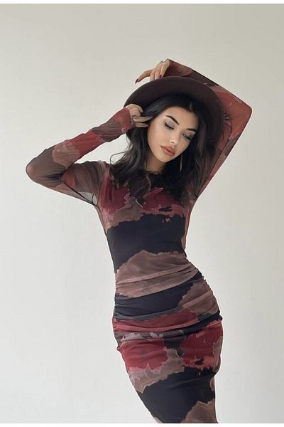 alenmoda Rochie din tul cu modele negru Noul sezon