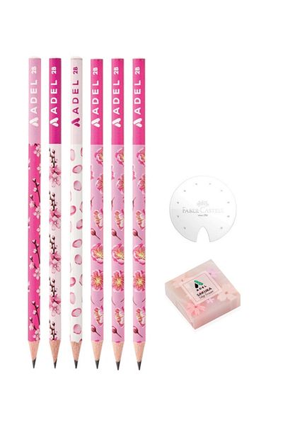 Adel Sakura Set of 6 Pencils + Sakura Eraser + Faber Castell Pencil Sharpener