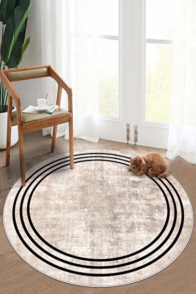 Lavita Home Dijital Baskı Yıkanabili Kaymaz Bej Yuvarlak Salon Halısı Mutfak ...