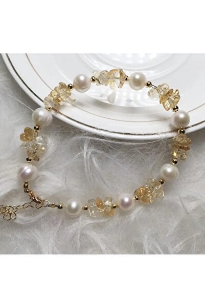 Hazeran accessories Gerçek İncili Sitrin Doğal Taşlı Bileklik