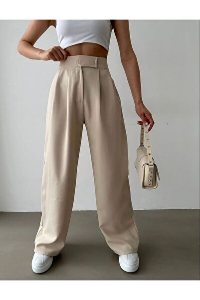 LAMİRAMOOD Neva Bej Cırtlı Yüksek Bel Palazzo Bol Paça Kadın Pantolon