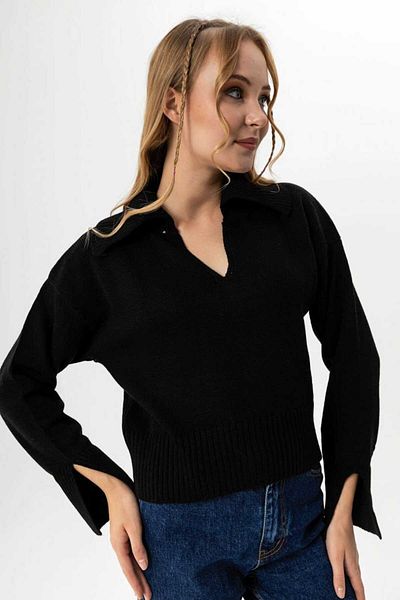 soi fashion Pulover Crop Tricotaj cu Detaliu Manșetă Negru