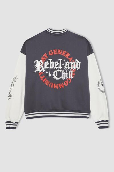 DeFacto Oversize Bomber Jacket - College Collar, Back Print, Pocket, Snap Closure B3537Ax23Wn