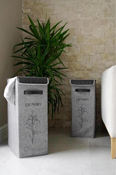 Flosoft Deri Detaylı Kapaklı Keçe Çamaşır Sepeti, Çok Amaçlı Çamaşır Oyuncak Saklama Kutusu