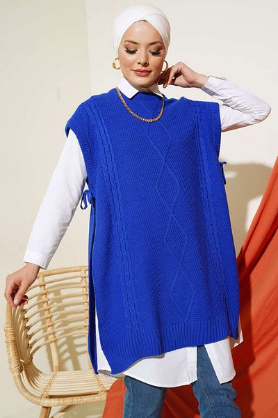 benguen 11010 Strickpullover mit seitlichem Bindeband, Saks-Blau