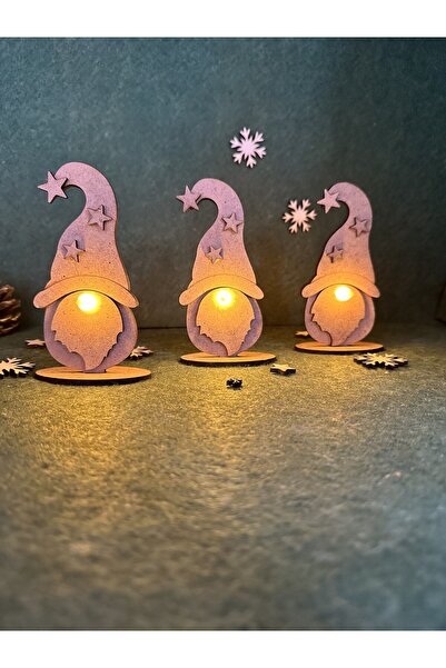 Elfora Işıklı Ahşap Cüceler Biblo 3 Adet Set Masa Süsü Ambiyans Hediye Yılbaşı Merry Christmas Yeni Yıl