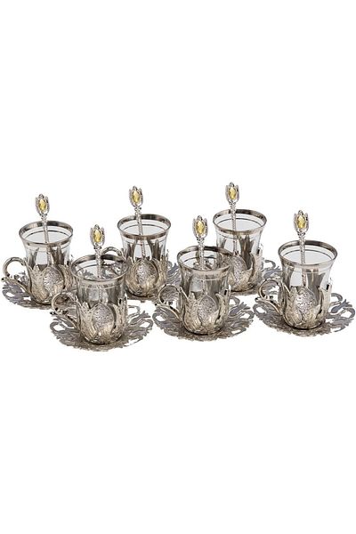 Demmex 6-Piece Tea Cup Plate and Spoon Set with Rice Holder.Silver Plated 24 Pieces