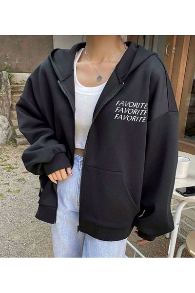 SELENA BUTİK Unisex Black Favorite Printed Zipper Cardigan