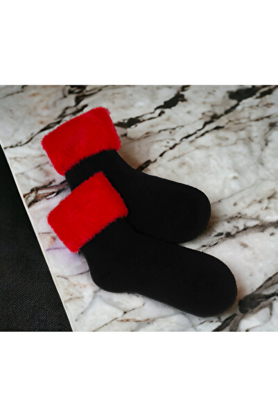 Shopiolog Çorap Kadın Peluş Siyah Kırmızı Sonbahar Kışlık