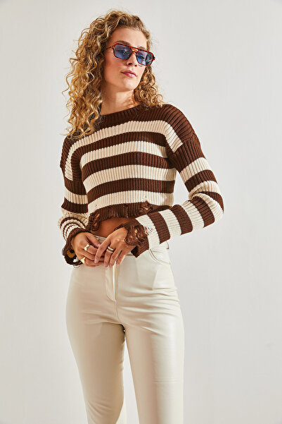 Bianco Lucci Dámský roztrhaný vzorovaný pletený proužkovaný svetr