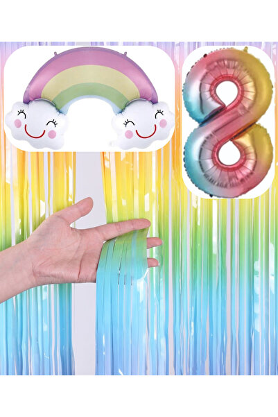 MERİ PARTİ Rainbow Concept Foil Balloon Background Number Balloon Set Rainbow...