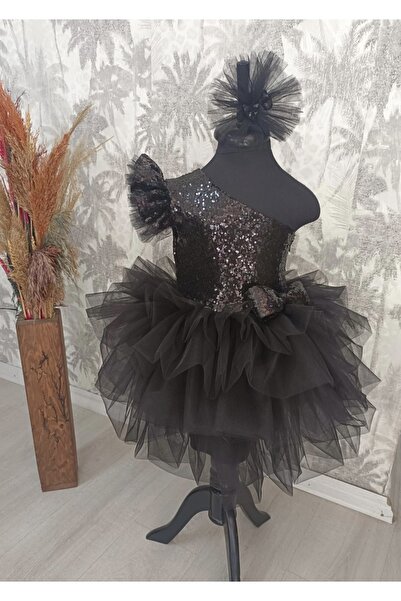 babysmile Tek Omuz Kol Detaylı  Siyah  Tütülü Kız Çocuk Elbise