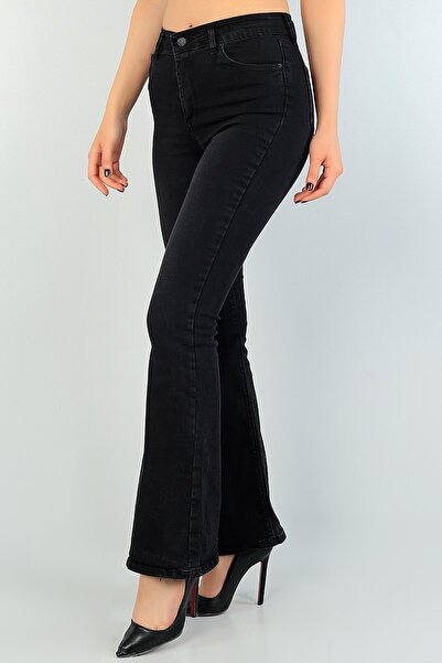 TugsatTasarTekstil Sofia Black Extra Visok struk Zvonaste nogavice Flare Jean...