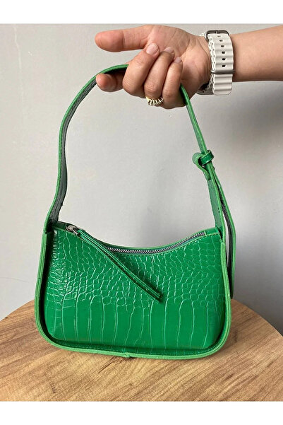 AsperaBag Γυναικεία τσάντα μπαγκέτας Grass Green με σχέδιο κροκόδειλου