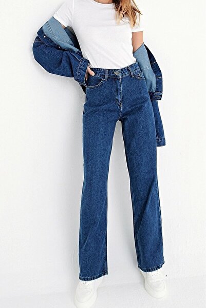 TugsatTasarTekstil Andrea 90's albastru închis cu talie înaltă Palazzo Wide Leg Jean Pantaloni de damă din denim cu picioare largi