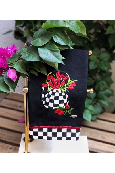 Çengelli İğne Patlı Siyah Lale Desenli Fırın Örtüsü