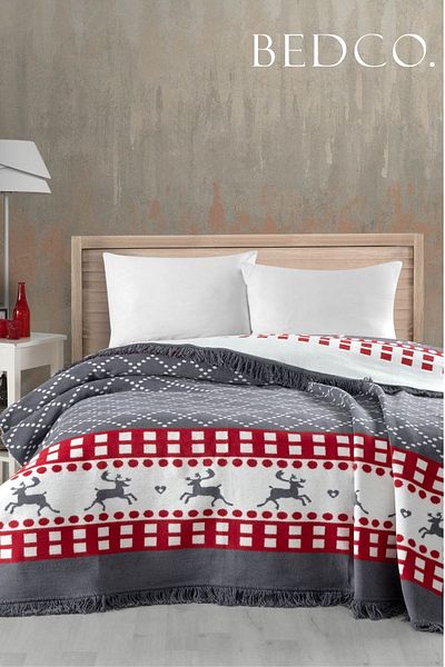 BEDCO Christmas New Year Cotton Double Blanket Double Sided Red Blue