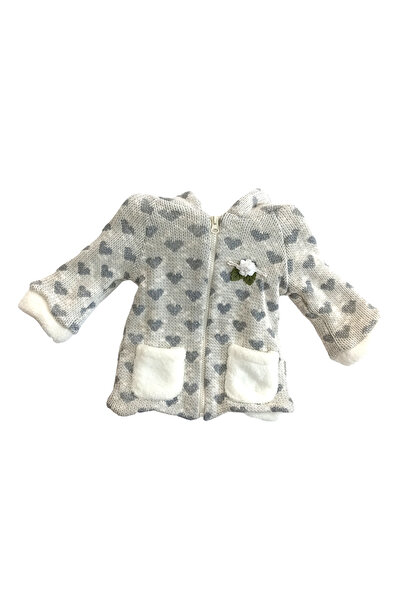 Bebezade Içi Welsoft / Peluş Kız Bebek Çiçek Aksesuarlı Kalpli Kapüşonlu Triko Mont