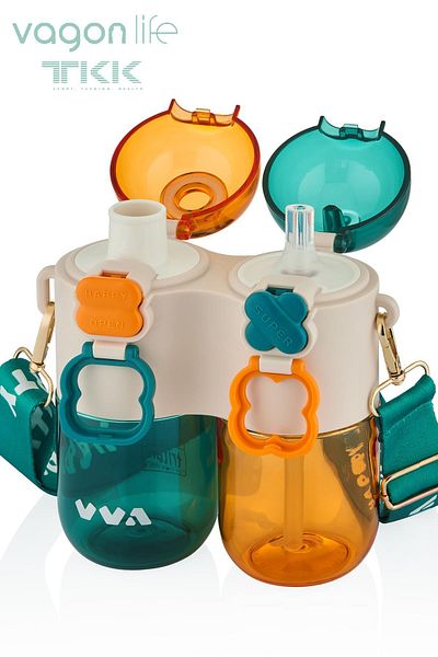 Vagonlife TKK Single Body Double Bowl 2*400 800ml Liquid Capacity with Neck Strap with Straw / Comfortable Drinking Tritan Flask