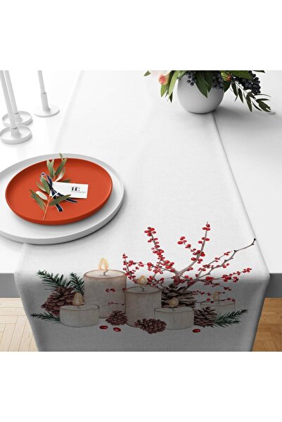 Pelangi Yılbaşı Temalı Mumlar Leke Tutmaz Kumaş Runner