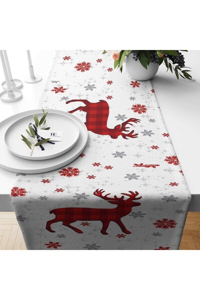 Pelangi Geyik Ve Kar Taneleri Leke Tutmaz Kumaş Runner