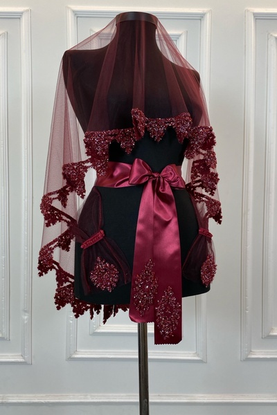 ZEYMERADE Bordo Gelin Duvak Seti, Cam Boncuk ve Pul Baskılı Kına Duvağı Seti ...