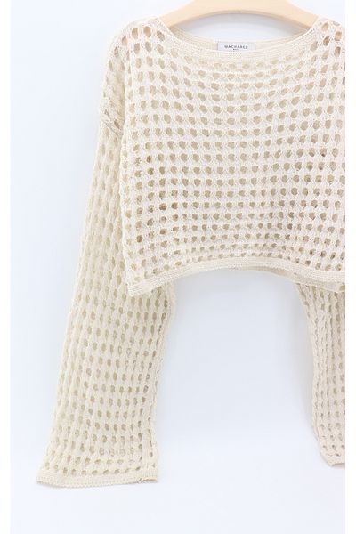 macharelbasic women's spanish sleeve openwork seasonal knitwear crop sweater