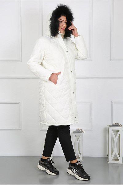 By Alba Collection Γυναικείο παλτό από λευκό μακρύ τσαλακωμένο ύφασμα εσωτερικά μαλλί Plus Size
