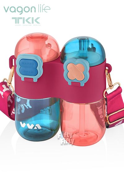Vagonlife TKK Single Body Double Bowl 2*400 800ml Liquid Capacity with Neck Strap with Straw / Comfortable Drinking Tritan Flask