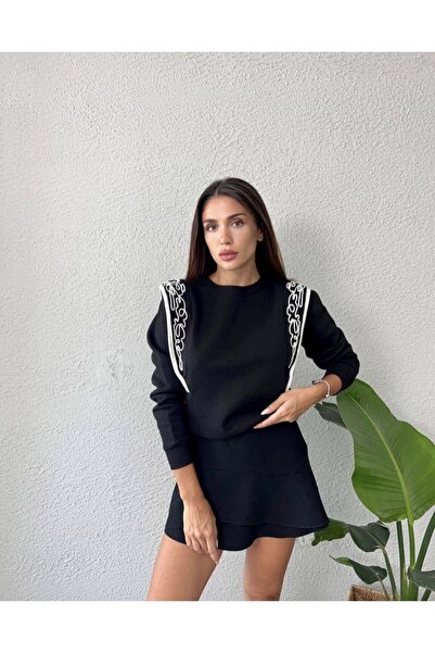Omuzları Desenli Uzun Kol Sweatshirt- Siyah