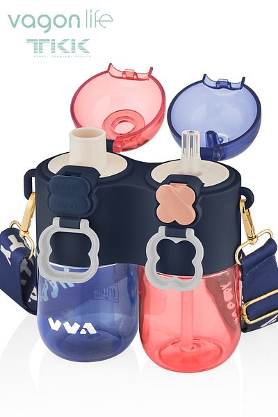 Vagonlife TKK Single Body Double Bowl 2*400 800ml Liquid Capacity with Neck Strap with Straw / Comfortable Drinking Tritan Flask