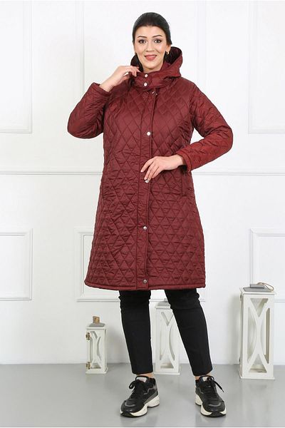 By Alba Collection Palton de damă bordeaux, lung cu diamante, matlasat, dimensiuni mari