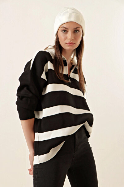 Giens Polo Neck Striped Zippered Black Oversize Knitwear Sweater