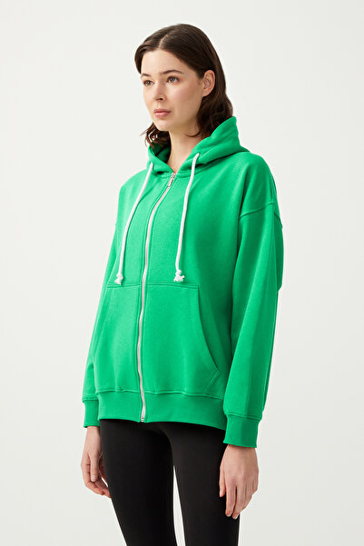 Los Ojos Γυναικεία πράσινη λευκή κουκούλα Πλεκτό φούτερ με φερμουάρ Oversize με ριμπ φερμουάρ