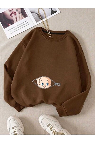 blausee wear Дамски суичър за бременни с щампа с бебешки цип и голямо деколте