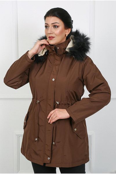 By Alba Collection Дамско кафяво палто с качулка от плат Bondit, голям размер