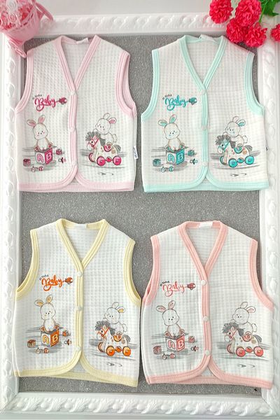 dubi baby Baby Girl Rabbit Patterned 4-Piece Quilted Baby Vest with Snaps on the Front