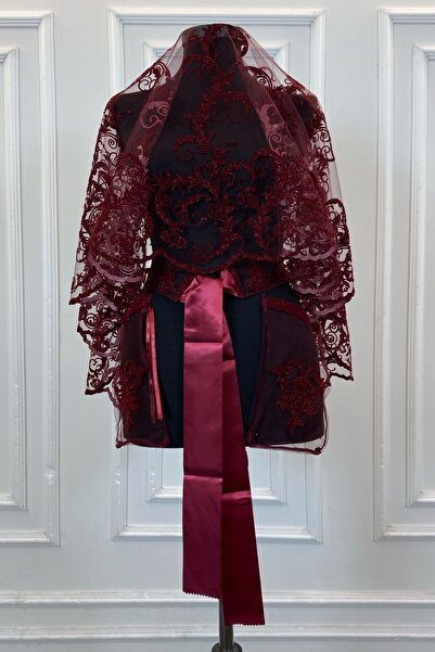 ZEYMERADE مجموعة حجاب الزفاف ذات النمط الطويل بالكامل من اللوريكس باللون العنابي، حجاب الحناء