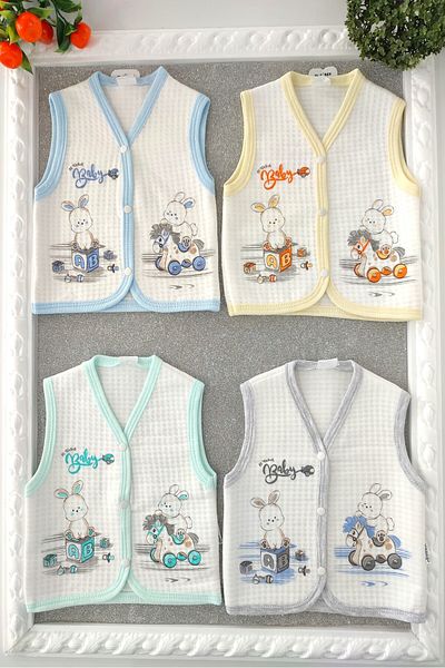 dubi baby Baby Boy Rabbit Patterned 4-Piece Quilted Baby Vest with Snaps on the Front