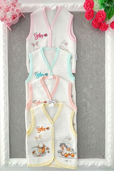 dubi baby Baby Girl Rabbit Patterned 4-Piece Quilted Baby Vest with Snaps on the Front
