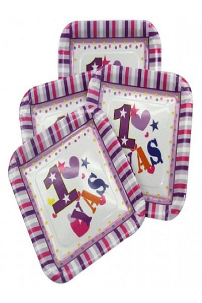 Kazanabil 1 YEAR OLD BIRTHDAY SQUARE CARDBOARD PLATE PINK 12 PIECES