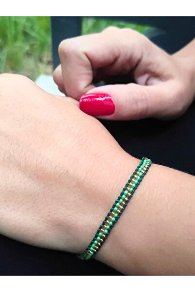 TÜKKAN ACCESSORİES SİYAH İP YEŞİL BONCUK MİYUKİ BİLEKLİK MAKROME ÖRGÜ ASANSÖR...