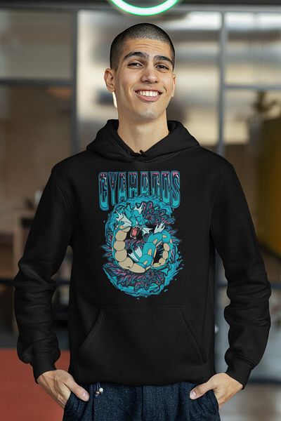 Fuddy Moda Hanorac cu glugă cu imprimeu Pokemon Gyarados, hanorac unisex oversize cu glugă cu imprimeu Pokemon