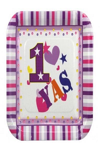 Kazanabil 1 YEAR OLD BIRTHDAY SQUARE CARDBOARD PLATE PINK 12 PIECES