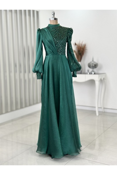 Rana Zenn Organze Boncuklu Dantel İşlemeli Güneş Abiye Zümrüt