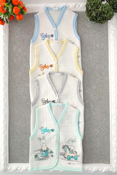 dubi baby Baby Boy Rabbit Patterned 4-Piece Quilted Baby Vest with Snaps on the Front