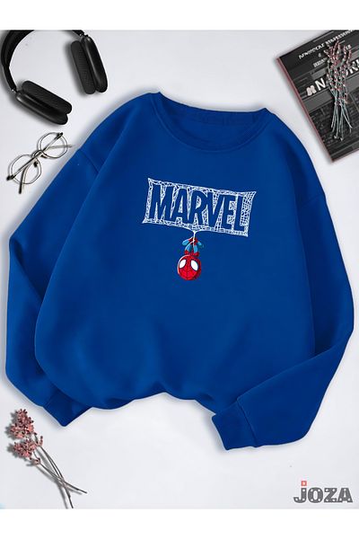 Joza Outdoors Unisex Γυναικεία Ανδρικά λογότυπο Marvel Spiderman με λαιμόκοψη με λαιμόκοψη μπλε φλις φούτερ