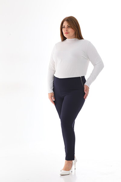 EVS WOMAN Kadın Büyük Beden Lacivert Yandan Fermuarlı Beli Lastikli Tayt Pant...